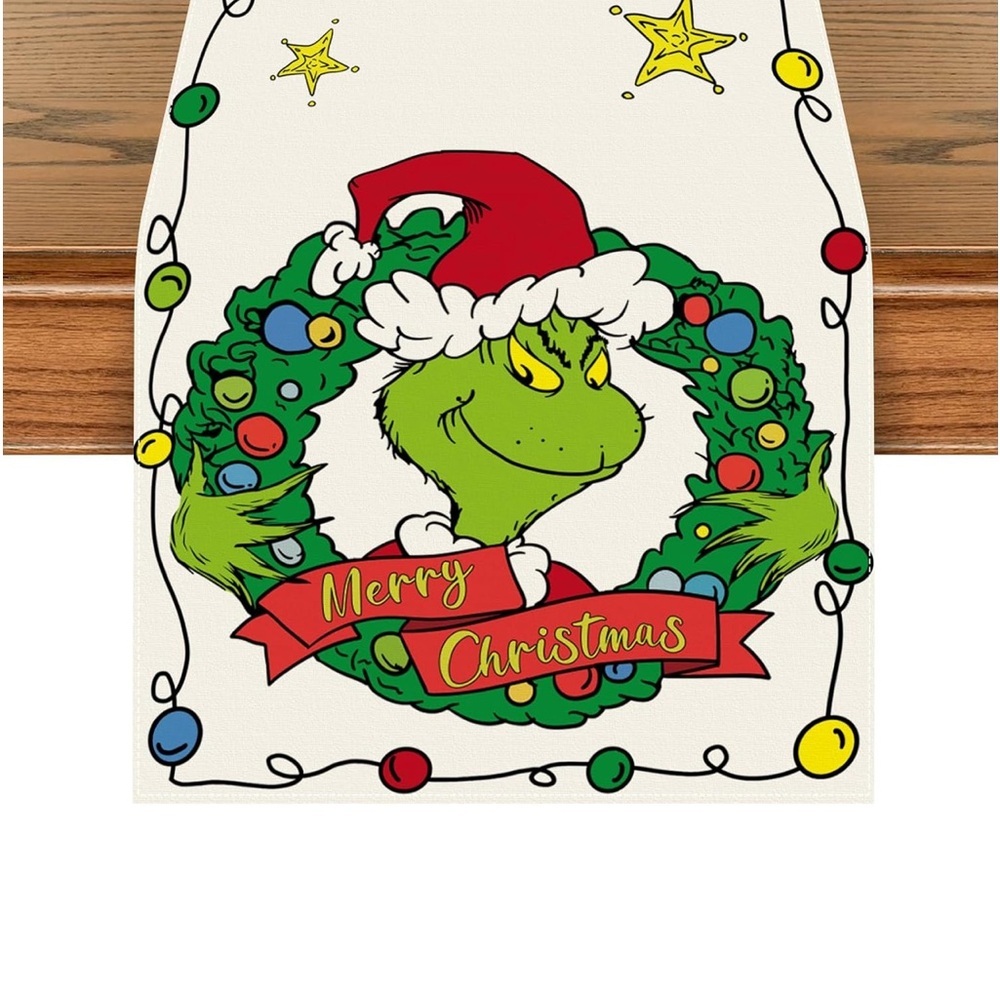 NWT Merry Christmas Grinch Burlap Table Runner Table Decor 72” x 12” - Picture 3 of 3